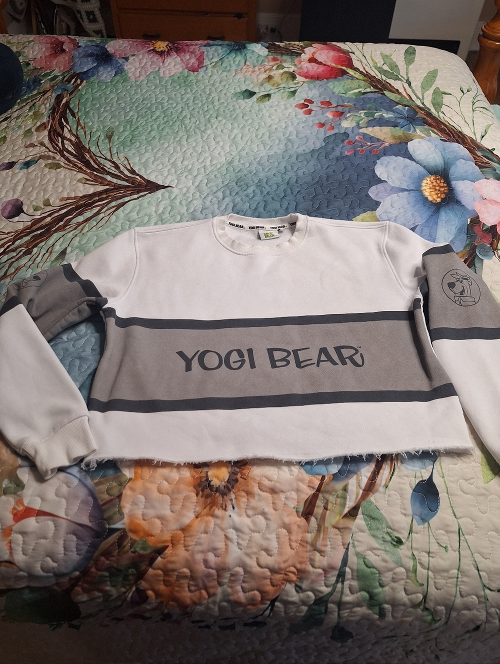 Teen Short White & Gray Crewneck Sweatshirt With Yogi Bear Logo.color Block.sml